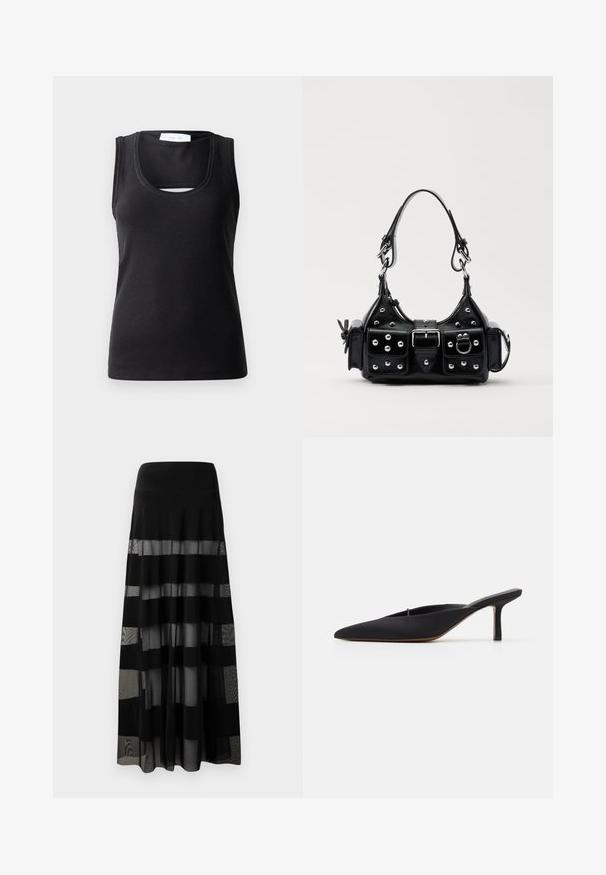 Juodas be rankovių marškinėlis, pagamintas iš riboto audinio, su apvalia iškirpte ir mažu išpjovimu priekyje, suteikiančiu papildomą dizaino akcentą.; Juoda maksimalizmo sijonas su prigludusia juosmena, turintis permatomų panelių ir nepermatomų juostelių. Lengva medžiaga su sklandžiu paviršiumi.; Juodos smailianosios mule tipo basutės su elegantišku dizainu, pagamintos iš lygaus audinio, su lieknu kulnu ir atvira nugara patogiam užsidėjimui.; Juodas odinis rankinukas su kreiviu dizainu, su sidabro spalvos knopkėmis, užsegimu ir dviem šoninėmis kišenėmis. Reguliuojama dirželis nešimui.