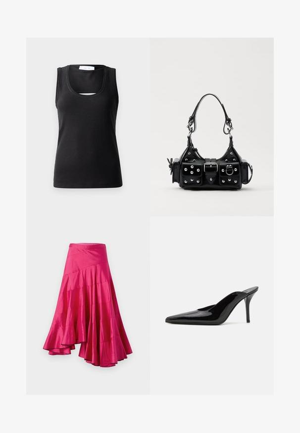Musta hihaton toppi, joka on valmistettu ribbikankaasta, näyttää kaarreathempihalkaisijalta ja siinä on pieni leikkaus yksityiskohtana edessä lisätyylejä varten.; Magenta satiinihame, jossa on leveä helma, kerrokselliset paneelit ja epäsymmetrinen muotoilu. Silkkinen pinta ja keskipitkä leikkaus.; Mustat patentoidut korkeakorkoiset mulesandaalit, joissa on terävä kärki ja sulavalinjainen siluetti. Kenkäparissa on avonainen takaosa ja hoikka stiletto-korko.; Musta nahkainen käsilaukku, jossa on kaareva muotoilu, hopeiset niitit, solki ja kaksi sivutaskua. Säädettävä olkahihna erilaisiin kantovaihtoehtoihin.