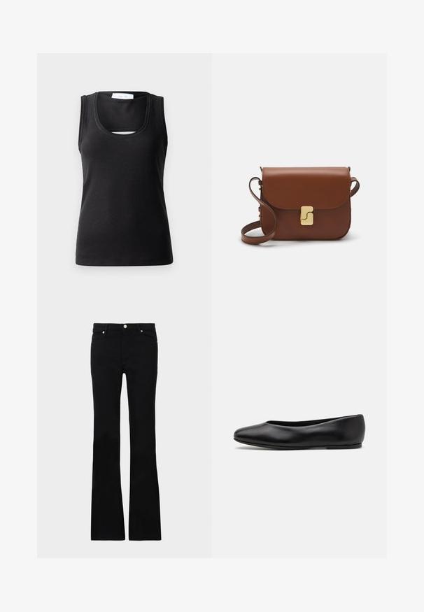 Černý bezrukávový top vyrobený z žebrované látky, s kulatým výstřihem a malým výřezem vpředu pro zvýraznění designu.; Černé zvonové džíny vyrobené z denimu, s dvěma předními kapsami, zapínáním na knoflík a hladkou strukturou. Na švech je viditelné charakteristické prošívání.; Paul Smith TOPANGA - Klasické baleríny - black; Hnědá kožená kabelka s klopou, zlatými kovovými detaily, ramenním popruhem a hladkým povrchem. Kompaktní obdélníkový tvar.