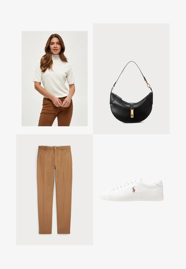 Biely krátky svetr s rolákom z mäkkej tkaniny, s rebrovanými detailmi na golieri a rukávoch, v kombinácii s hnedými nohavicami.; Hnedé bavlnené nohavice so slim-fit strihom, plochým predným dielom a štandardnými vreckami; hladká textúra a obháčkované manžety.; Biele kožené tenisky s nízkym strihom, s hladkou textúrou, okrúlym špičkou, šnurovaním vpredu a malým vyšitým logom na boku.; Čierna kožená kabelka v tvare polmesiaca. Obsahuje zlaté kovové doplnky a úzku rúčku. Hladká textúra, zips na vrchu.