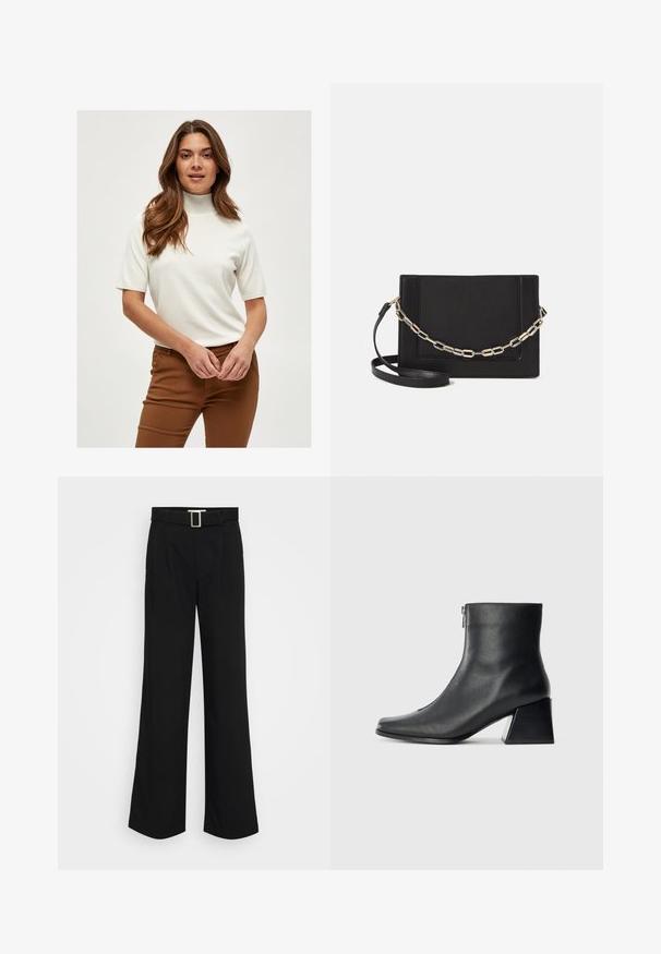 Weißer kurzärmeliger Rollkragenpullover aus einem weichen Stoff, mit gerippten Details am Kragen und den Ärmeln, kombiniert mit braunen Hosen.; Schwarze weit geschnittene Hosen aus leichtem Stoff, mit glatter Oberfläche, vorderen Falten und einem Gürtel mit einer quadratischen Metallschnalle.; Schwarze Lederstiefelette mit quadrater Zehenform, seitlichem Reißverschluss und Blockabsatz vor einem schlichten hellen Hintergrund.; Schwarze Leder-Crossbody-Tasche mit glatter Textur, rechteckiger Form und metallic-kettendetail auf der Vorderseite. Verstellbarer Gurt inklusive.