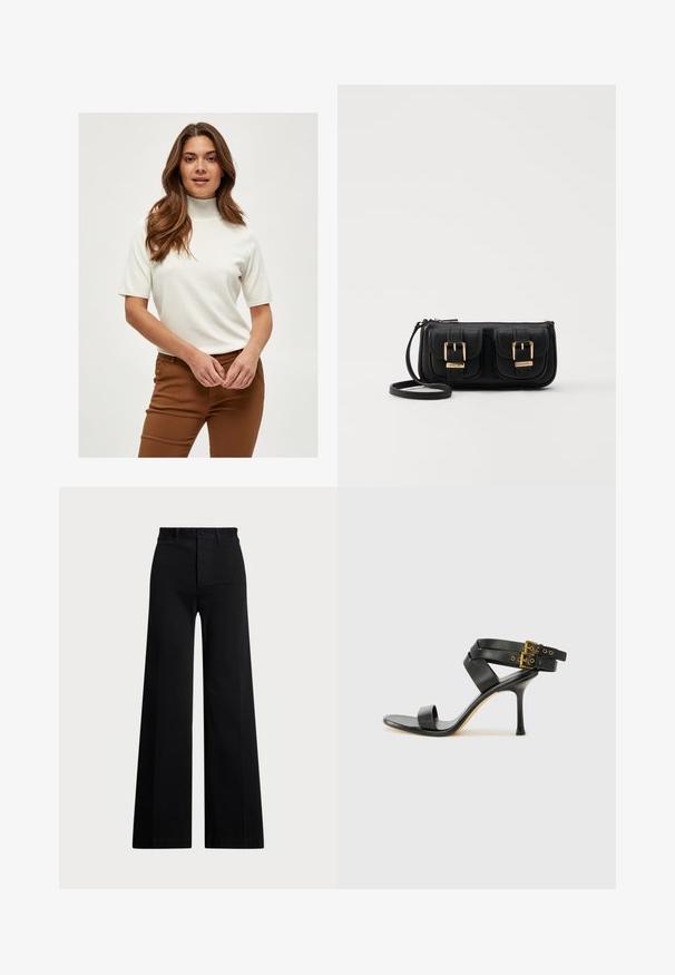 Bijela kratka turtleneck majica s kratkim rukavima napravljena od mekanog materijala, s rebrastim detaljima na ovratniku i rukavima, u kombinaciji s smeškim hlačama.; Crne hlače širokih nogavica izrađene od tkanine, s visokim strukom, prednjim kopčanjem na dugme i bočnim džepovima. Glatka tekstura s čistim linijama.; Crne sandale s petom sa preklapanim trakama i podesivim kopčanjem. Imaju glatku teksturu i suženi stiletto potplat.; Crna kožna torba preko ramena s dva prednja džepa, zlatnim kopčama, zatvaranjem na zip i uskim remenom. Teksturirana površina i kompaktan pravokutan oblik.