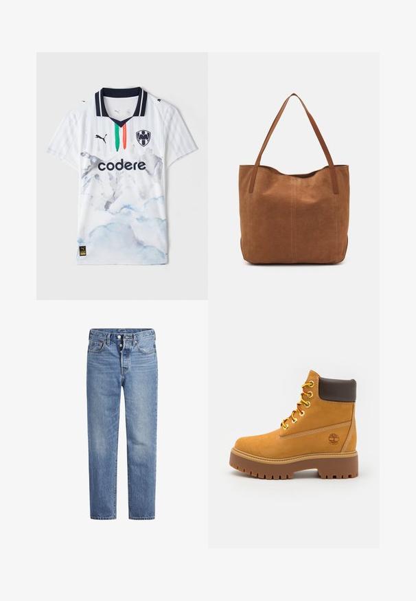 Baltas futbola krekls ar tumši zilu apkakli, kas rotāts ar akvareļtehnikā veidotu kalnu motīvu gaiši zilā un pelēkā krāsā, kā arī zaļām un oranžām akcentu svītrām.; Gaiši zila džinsu bikses ar taisnu griezumu, piecu kabatu dizainu un poga aizdari. Iespējamas nelielas izbalēšanas un apelsīnu diegu akcenti.; Caurspīdīgs ūdensizturīgs potīšu zābaks ar izturīgu gumijas zoli, apaļu pirkstu, brūnu ādas apkakli, dzeltenām saitēm un logo malā.; Brūns zamša tote somas ar divām garām rokturiem, ar gludu tekstūru, vienkāršu dizainu un bez redzamām aparatūrām vai akcentiem.