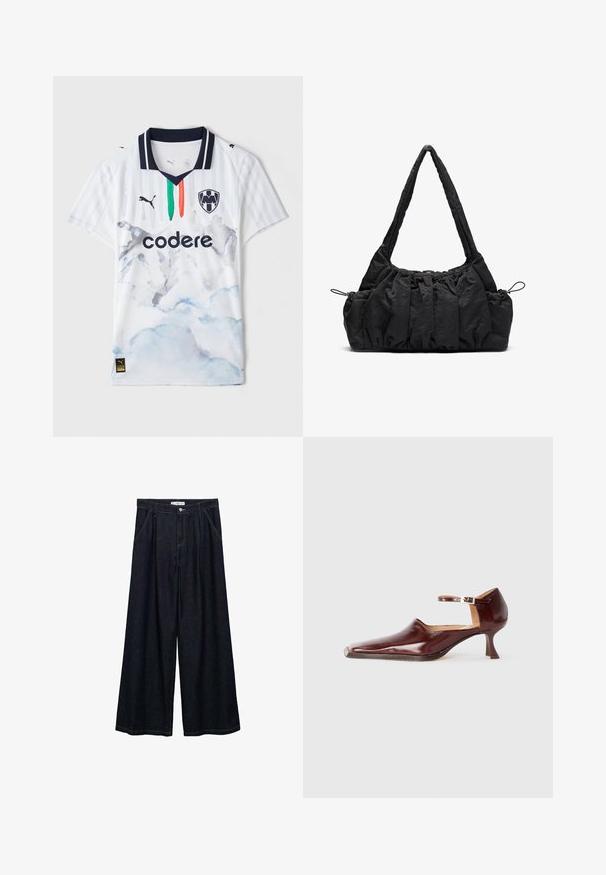 Bjela nogometna majica s mornarskosinom ovratnikom, s dizajnom planine u akvarel stilu u svijetloplavoj i sivoj boji, te zelenim i narančastim akcentnim prugama.; Tamno plave široke traperice visokog struka, koje imaju prednje kopčanje na dugme, dva bočna džepa i detalje šivanja.; Cipele od burgundske lakirane kože s izduženim vrhom, remenom oko gležnja i stabilnom potpeticom od 5 cm. Glatka tekstura i minimalistički dizajn.; Crna torba od tkanine s naboranom teksturom, dva remena za nositi na ramenu i kaišem za zatvaranje sa strane. Glatki, lagani materijal.