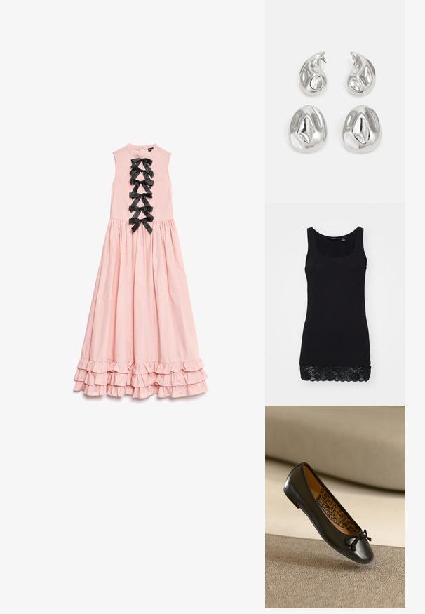 Černý tílko vyrobené z hladkého bavlněného materiálu s přiléhavým střihem, se krajkovým lemem na spodním okraji pro zvýšení textury a detailu.; Dlouhé růžové šaty bez rukávů, se zdobeným volánkovým lemem a sedmi černými saténovými mašlemi na přední straně.; Černá kožená baletní balerína s kulatou špičkou a látkovou mašlí, s leopardím vzorem uvnitř. Hladká textura a štíhlý profil.; Stříbrné náušnice s dvěma tvary slzy a dvěma zakulacenými tvary, všechny s lesklým, reflexním povrchem a hladkou texturou.