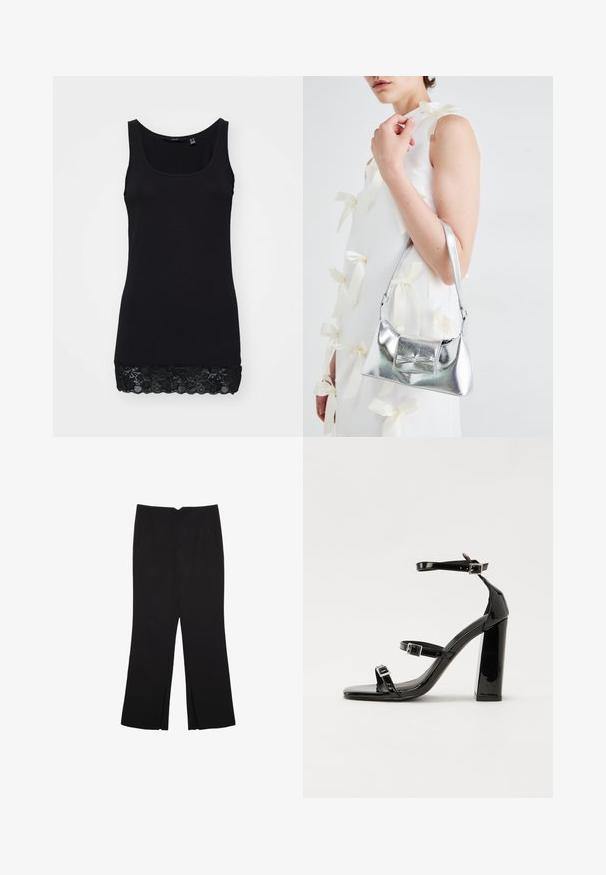 Musta hihaton paita, joka on valmistettu sileästä puuvillasta ja siinä on tiukka muotoilu. Helman pitsireunus tuo lisää tekstuuria ja yksityiskohtia.; Mustat housut suoralinjaisella leikkauksella, joissa on etutaskut ja sivurei'ät helman alla. Valmistettu pehmeästä ja sileästä kankaasta. Sopii eri tilaisuuksiin.; Musta kiiltävä korkokenkä sandaalit neliönmuotoisella varpaalla, nilkkaremmillä ja hopeisilla soljilla. Varustettu tukevalla lohkokorkealla vakauden takaamiseksi.; Harmaa metallinhohtoinen käsilaukku, jossa on jämäkkä muotoilu. Laukussa on yläkahva ja etuosassa kauniisti koristeena solmukkeen yksityiskohta. Pinnassa on sileä tekstuuri ja heijastava viimeistely.
