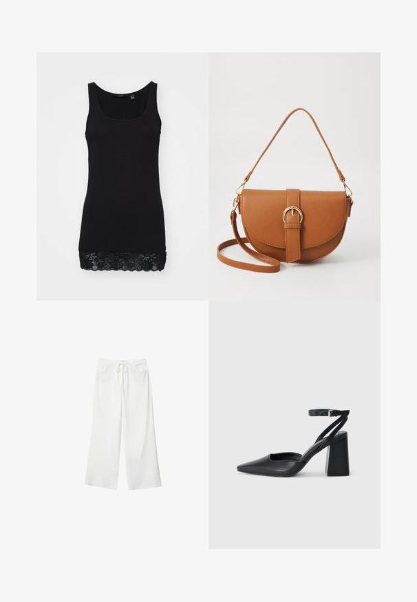 Čierny tielko vyrobené z hladkej bavlny s priliehavým strihom, zdobené čipkovým lemom na spodnom okraji pre pridanú textúru a detail.; Biele široké nohavice vyrobené z mäkkej látky, s pásekom na sťahovanie a dvoma prednými vreckami. Hladká textúra a bez viditeľných vzorov.; Čierne kožené lodičky s špicatou špičkou a členkovým remienkom, s masívnym podpätkom. Hladký povrch, elegantný dizajn a minimalistická estetika.; Hnedá kožená kabelka cez telo s zakriveným tvarom, zlatými kovovými doplnkami a akcentom s prackou. Obsahuje odnímateľný ramenný popruh.
