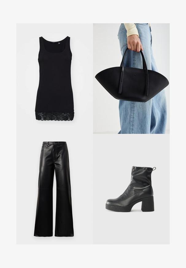 Fekete ruhátlan felső sima pamutból, testhezálló fazonnal, csipkés díszítéssel az alján a textúra és a részletek fokozása érdekében.; Fekete, magas derekú, széles lábú, műbőr nadrág elülső gombbal, cipzárral, övbújtatókkal és oldalsó zsebekkel, fehér háttérrel.; Fekete bokacsizmák sima bőrből, oldalsó cipzárral, vastag, texturált sarkú és lekerekített orrú dizájnnal.; Fekete bőr kézitáska egyedi legyezőformával, lapos füllel. A felülete kőriszerű textúrájú és minimalista dizájnnal rendelkezik.