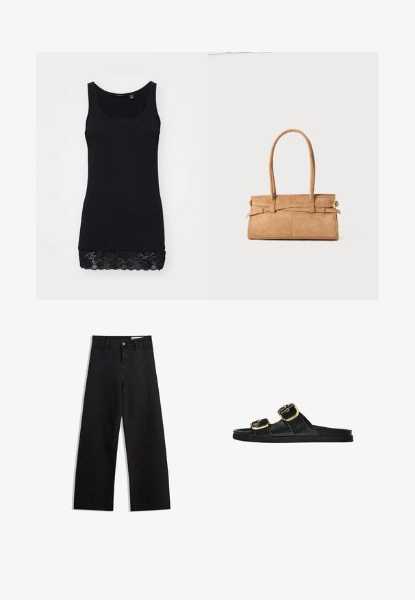 Top negru fără mâneci, realizat din bumbac fin, cu un design ajustat, având o dantelă la tiv pentru un plus de textură și detaliu.; Pantaloni din denim negri cu picioare largi, cu talie înaltă, având buzunare frontale și posterioare, cusături dublate și închidere cu nasture. Textură netedă.; Sandalie negre cu toc plat, cu două accente de cataramă aurie, din material texturat neted și design minimalist.; Geantă din suede de culoare bej, cu două mânere lungi, formă rectangulară și cusături decorative. Dispune de o curea laterală și detalii subtile din aur.