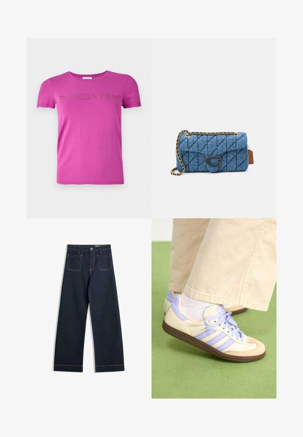 Fuchsia kortærmet t-shirt lavet af blødt stof med "PATRIZIA PEPE" i rhinsten henover brystet og en rund halsudskæring.; Mørkeblå vide jeans lavet af denim med kontrasterende beige syninger, to baglommer og en knaplukning i taljen.; Creme og lavendel sneakers med tre striber og en tekstureret brun sål, der har snørebånd og en polstret hæl. Blødt stof øvre.; Blå quiltet denim skuldertaske med guld kæde-rem og en fremtrædende guldlogo-accent på forsiden. Kompakt rektangulær form.