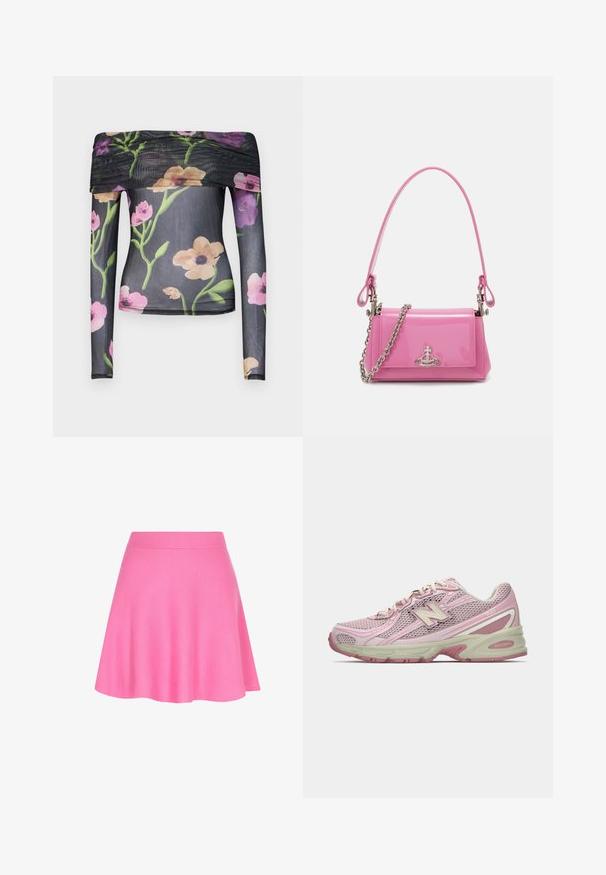 Olkapäältä avattu pitkähihaiset paita läpikuultavasta mustasta verkkokankaasta, jossa on värikäs kukkakuosi. Sisältää ryppyhien kankaan kaula-aukossa ja tyylikkään istuvuuden.; Vaaleanpunainen neulottu hame, jossa on istuva vyötärö ja levenevä muotoilu, valmistettu pehmeästä kankaasta, joka lisää sileää tekstuuria.; Vaaleanpunaiset ja beigeet New Balance 740 -lenkkarit, joissa on verkkokangas ja synteettinen päällinen, nauhakiinnitys ja pehmustettu pohja, esitettynä sivuprofiilissa.; Vaalea vaaleanpunainen lakattu nahkakäsilaukku, jossa on suorakulmainen muoto, irrotettava ketjun olkaimet ja hopeiset yksityiskohdat edessä.
