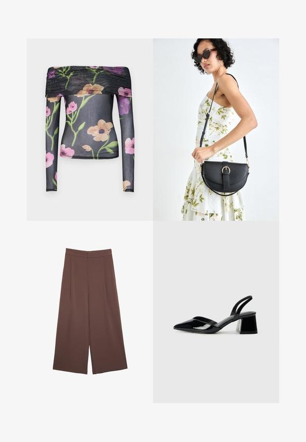 Schulterfreies Langarmoberteil aus transparenter schwarzer Netzware mit buntem Blumenmuster. Verfügt über gerafftes Material am Ausschnitt und eine elegante Passform.; Braune Weite-Leg-Hosen mit einer glatten Textur, hoher Taille und Vorderfalten. Der Stoff ist leicht und fällt locker.; Schwarze Lackleder-Slingback-High Heels mit spitzem Schuh und einem geometrischen Blockabsatz. Verfügt über ein schlankes, minimalistisches Design und eine glatte Textur.; Schwarze Lederhandtasche mit geschwungener Form, abnehmbarem Tragegurt und goldenen Beschlägen. Die Tasche verfügt über einen Deckel mit einer Schnallen-Details.