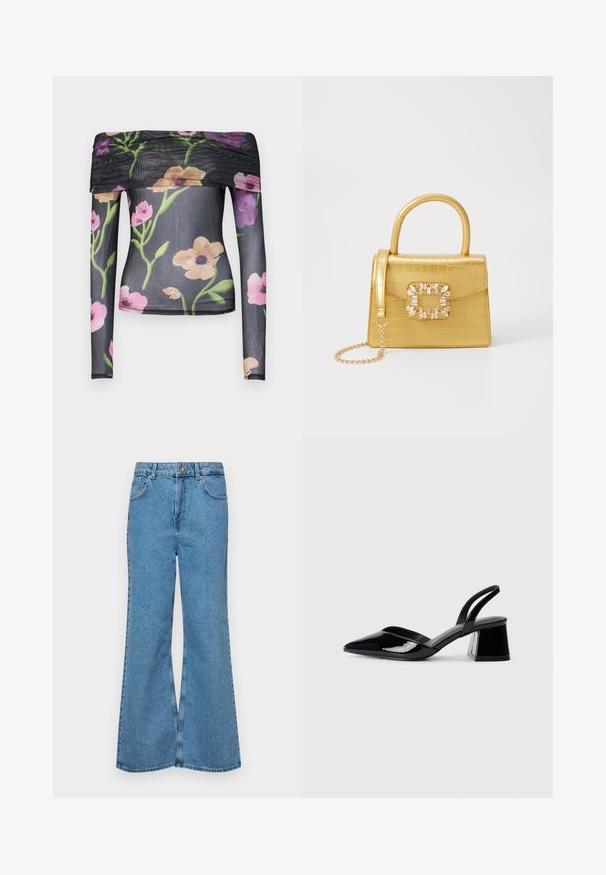 Top s dugim rukavima bez ramena od prozirne crne mrežice s šarenim cvjetnim uzorkom. Ima nabranu tkaninu na izrezu i elegantno prilagođavanje.; Svijetloplave traperice s flared nogavicama, visokog struka, s pet džepova i jednim dugmetom za zatvaranje. Mekani materijal s izblijedjelim izgledom.; Crne lakirane kožne sandale s otvorenom petom i špicastim vrhom, s geometrijskom blok petom. Imaju elegantan, minimalistički dizajn i glatku teksturu.; Žuta torbica od umjetnog krokodila sa strukturiranim dizajnom, gornjom ručkom, odvojivim lančićem i dekorativnim kristalnim ukrasom na kopči.