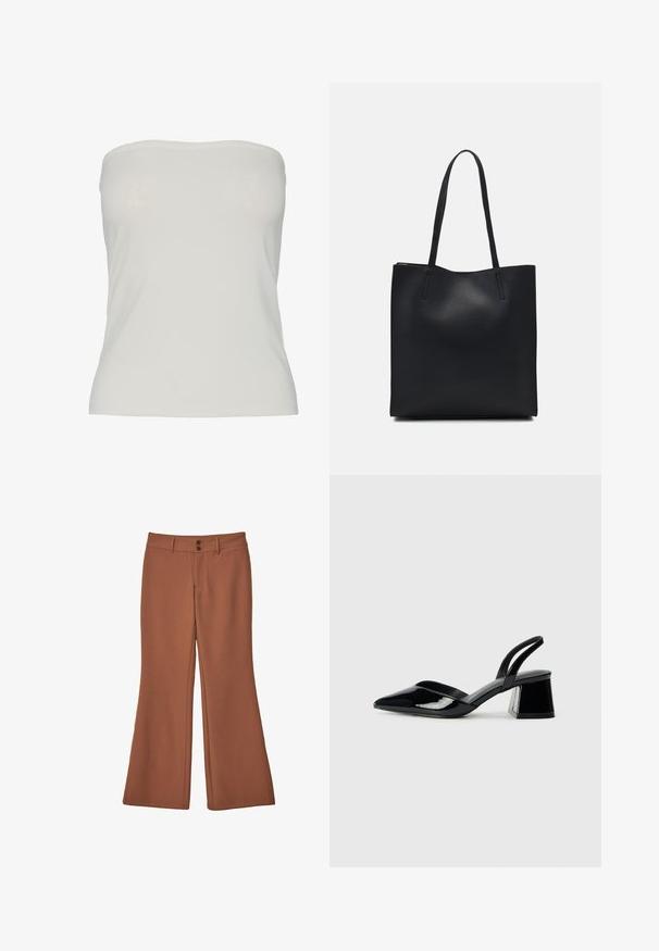 Pieces PCMADISON TUBE - Linne - cloud dancer; Bruna, utställda byxor gjorda av mjukt tyg. Innehåller två framknappar och har en slät textur utan synliga mönster eller dekorationer.; Svarta lackläder slingback klackar med spetsig tå och geometrisk klack. Har en elegant, minimalistisk design och slät yta.; Svart lädertoffelväska med slät textur, rektangulär form och två långa handtag. Ingen synlig hårdvara eller dekorationer.