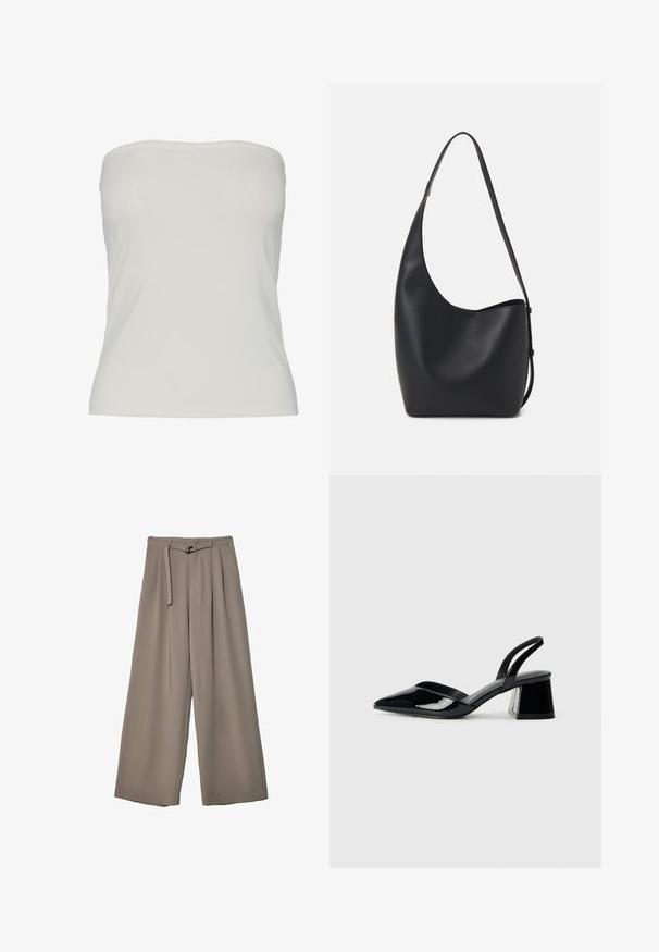 Pieces PCMADISON TUBE - Linne - cloud dancer; Breda byxor i ett mjukt, dämpat grått tyg, med belagd midja och veck för extra designdetaljer. Slät textur, inga mönster.; Svarta lackläder slingback klackar med spetsig tå och geometrisk klack. Har en elegant, minimalistisk design och slät yta.; Svart läder hobo-väska med en slät textur, kurvig form och en justerbar axelrem; har en bred öppning upptill.