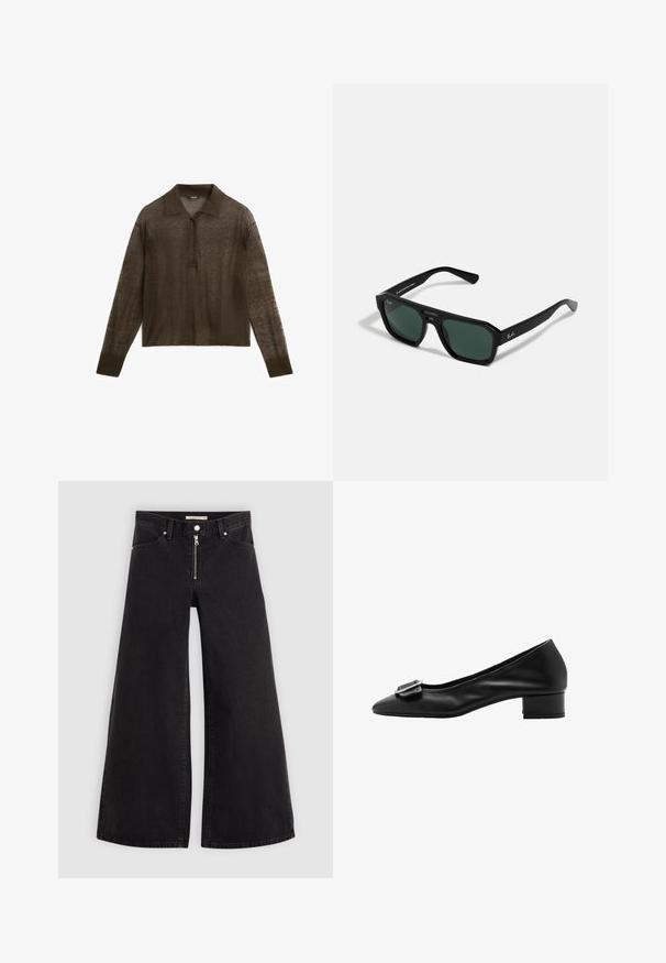Bruine polo met lange mouwen, gemaakt van lichte stof, met een kraag, knoopsluiting en geribbelde manchetten.; Wijdvallende jeans van zwarte denim met een ritssluiting aan de voorkant, vijf zakken en subtiele stikdetails. Soepele textuur en casual stijl.; Zwarte leren pump met een spitse neus, een kleine blokhak en decoratieve gespdetails op de wreef. Soepele textuur en eenvoudig ontwerp.; Zwarte rechthoekige zonnebril met groene lenzen. Gemaakt van plastic met een octagonale vorm en een gladde afwerking. Heeft het Ray-Ban-logo aan de zijkant.