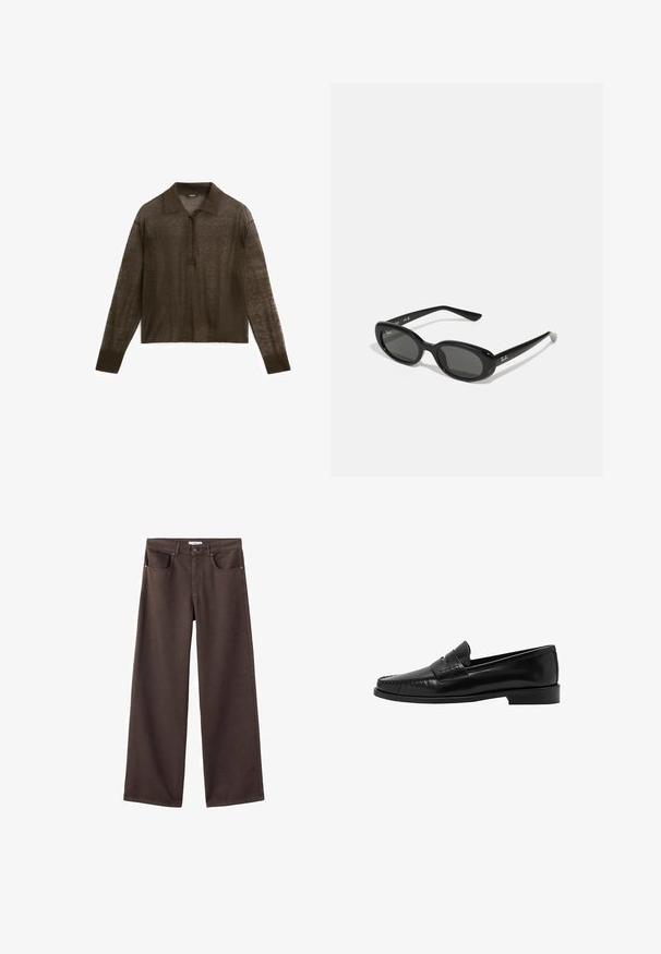 Brązowa, długosleeve polo wykonana z lekkiego materiału, z kołnierzykiem, listwą guzikową i ściągaczami przy mankietach.; Szerokie dżinsy w ciemnym brązie, z przednimi kieszeniami, standardowym pasem i klasycznym pięciokieszeniowym wzorem. Miękka, mocna tekstura.; Mango - Półbuty wsuwane; Czarne okulary przeciwsłoneczne z owalnymi soczewkami, błyszcząca plastikowa oprawa i smukłe zauszniki. Posiadają białe logo Ray-Ban po boku.