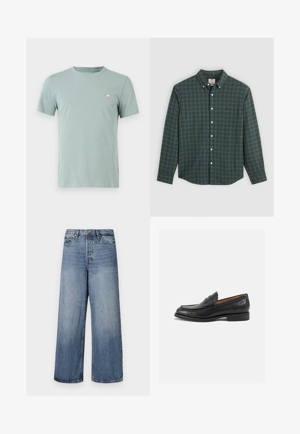 Svetlozelené bavlnené tričko s okrúhlym výstrihom a krátkymi rukávmi. Obsahuje malé červené trojuholníkové logo na ľavom prsníku.; Hematná košeľa s dlhým rukávom, s olivovým, modrým a žltým károvaným vzorom, bielymi gombíkmi a golierom na gombíky.; Široké modré džínsy s vyblednutým umývaním, dizajnom s piatimi vreckami a zapínaním na gombík. S opaskovými pútkami a prešitými detailmi.; Čierne kožené mokasíny s hladkým povrchom, zaoblenou špičkou a dekoratívnym prešívaním na prednej časti. Nízky kokteilový opätok a jemný lesk.