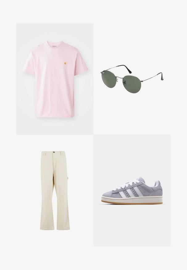 Svetloružová bavlnená tričko s krátkymi rukávmi, s okrúhlym výstrihom a malým žltým logom na ľavej strane hrude. Hladká textura, voľný strih.; Béžové nohavice s širokým strihom vyrobené z látky s prímesou bavlny s uzáverom na gombík. Obsahujú bočné vrecká a majú jemnú textúru. Viditeľné švy.; Sivé semišové tenisky s bielymi pruhmi, okrúly špička a gumová podrážka. Majú perforácie na boku a textúrovaný pätkový jazyk.; Sunglass s metalovým rámom s oválnymi zelenými šošovkami. Tenký strieborný kovový rám a čierne štuple za uši. Minimalistický dizajn, bez viditeľných log.