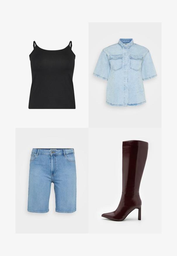 Camisole noire avec de fines bretelles réglables, fabriquée en tissu lisse, dotée d'un design simple sans manches et d'un ourlet droit.; Chemise en denim bleu clair à manches courtes, dotée de deux poches avant et ornée de petits clous en argent partout.; Shorts en denim bleu clair avec une coupe classique, dotés d'une fermeture à bouton à l'avant, de passants de ceinture et de deux poches latérales. Texture lisse et ourlet droit.; Even&Odd Bottes - dark red