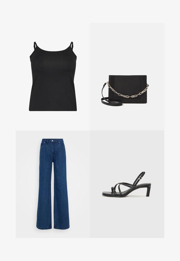 Crna majica bez rukava s tankim podesivim trakama, izrađena od gladkog materijala, s jednostavnim dizajnom i ravnim rubom.; Široke plave traperice s visokim strukom, prednjim dugmetom i patent-zatvaračem, te prednjim i stražnjim džepovima na jednobojnoj pozadini.; Crne sandale s trakama, kvadratnim prstom i niskom blok petom. Ima više tankih trakica i podesivu trakicu oko gležnja. Izrađene su od glatke kože.; Crna kožna torba preko tijela s glatkom teksturom, pravokutnim oblikom i metalnim lancem na prednjoj strani. Uključena je podesiva naramenica.; Srebrna dvostruka prsten s glatkom, poliranom površinom. Karakterizira ga fluidan, zakrivljen dizajn s preklapajućim sekcijama za moderan izgled.