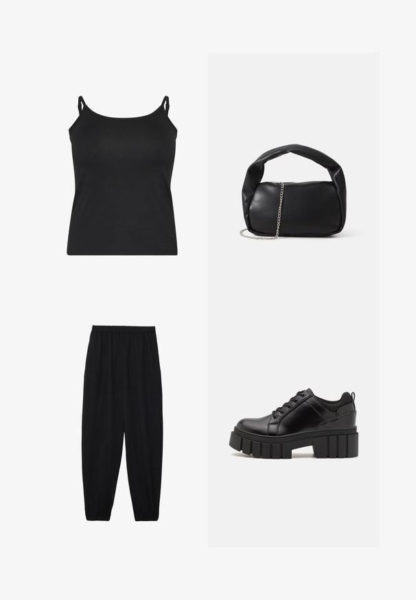 Černý tílko s tenkými nastavitelnými ramínky, vyrobené z hladké látky, s jednoduchým bezrukávovým designem a rovnými lemy.; Černé, lehké kalhoty s elastickým pasem a nařasenými kotníky. Tkanina je hladká a má uvolněný, zúžený design.; Černé kožené platformové boty s masivním blokovým podpatkem, kulatou špičkou a tradičním šněrováním. Mají hladký povrch a minimální detaily.; Černá kožená kabelka s kulatým tvarem, silným uchem a stříbrným řetízkem. Hladký povrch s jemným leskem.