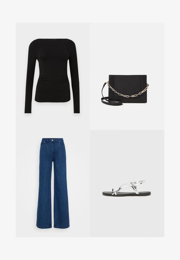 Fekete, hosszú ujjú ing, amely puha anyagból készült. Egyenes dekoltázzsal, testhez simuló fazonnal és rakott részletekkel rendelkezik a deréknál.; Magas derekú, széles lábú kék farmernadrág, elülső gomb- és cipzárzárral, valamint elülső és hátsó zsebekkel, sima háttér előtt.; Ezüst fémes szandálok minimális kialakítással, vékony pántokkal és fekete lapos talppal. Kiemeli a keresztpántos díszítést.; Fekete bőr keresztpántos táska, sima textúrával, téglalap alakú és fém lánc részlettel az elején. Állítható pánttal ellátva.