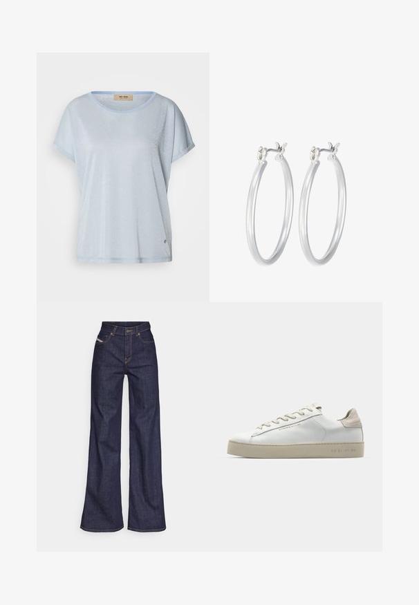 Světle modré tričko s krátkým rukávem, vyrobené z lesklé, texturované látky. Okruglý výstřih, ohrnuté rukávy a decentní logo detail poblíž lemu.; Tmavě modré džíny s širokým střihem vyrobené z denimové tkaniny, s vysokým pasem, oranžovým prošíváním, pěti kapsami a zapínáním na knoflík.; Bílé kožené tenisky s hladkým povrchem, béžovými semišovými akcenty, kulatou špičkou, plochým šněrováním a texturovanou gumovou podrážkou.; Stříbrné kruhové náušnice s hladkým, lesklým povrchem. Kulatý tvar a bezpečné zapínání na klip. Lehký design vhodný pro každodenní nošení.