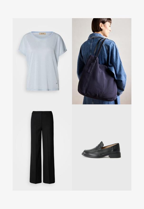 Svetlo moder kratkodlaki majica s sijočim, teksturiranim materialom. Okrogli dekolte, zavihani robovi in subtilen detajl logotipa blizu roba.; Črne široke hlače iz gladkega materiala, z visokim pasom, krojenimi šivi in minimalističnim dizajnom. Brez vidnih zakov ali žepov.; Črne usnjene loafer cevi z nizko peto, z vdelano zasnovo in brez zapiranja, postavljene na enobarvno belo ozadje.; Modra platnena torba za ramo s meko, strukturirano obliko, opremljena s črnim trakom, šivanjem in majhno oznako blagovne znamke.