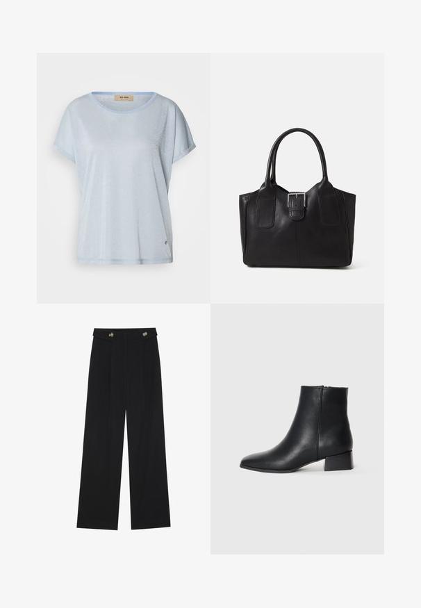 Hele sinine lühikese varrukaga T-särk, millel on läikiv ja tekstuuriga kangas. Ümar kaelus, rullitud varrukad ja peene logo detail hemil.; Mustad laiad püksid kõrge vöökoha ja nööpdetailidega vööandil, esikortsudega.; Must mustreboot, mille näpaga ja madala plokknäidisega, sileda tekstuuri ja minimalistikuga disainiga.; Mustgamma nahast kott, millel on sile tekstuur, struktureeritud kuju, kaks käepidet ja esiküljel silmapaistev hõbedane pandla detail.