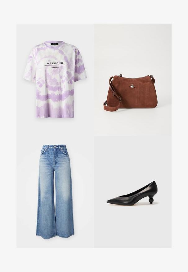 WEEKEND MaxMara XANADU - Print T-shirt - bianco; Wide-leg jeans made of light blue denim, featuring a high waist, five-pocket design, faded wash, and frayed hem.; Black leather high heel shoe with a pointed toe and a round, balled heel. Smooth texture with a sleek, minimal design.; Brown suede handbag with a zip closure, adjustable shoulder strap, and silver hardware accent, featuring a subtle textured surface.
