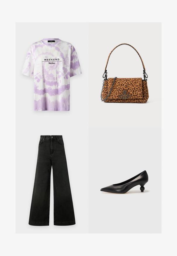 Weekend Max Mara XANADU - Print T-shirt - bianco; High-waisted, wide-leg jeans in dark black denim. Features include a button closure, front pockets, and a smooth texture with minimal fading.; Black leather high heel shoe with a pointed toe and a round, balled heel. Smooth texture with a sleek, minimal design.; Leopard print handbag made of suede with a short handle, a chain strap, and a black hardware clasp. Rectangular shape with a flap closure.