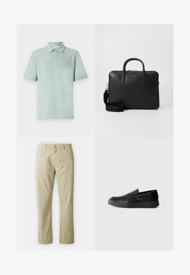 Lys grønn polo skjorte med teksturert stoff, kortermer, krage, to-knapps knappelukking og en brodert logo på brystet.; Beige bomullsbukser med rett ben-design, frontlukking med knapp og beltehemper. Jevn tekstur, ingen synlige mønstre eller detaljer.; Calvin Klein HYBRID CUP - Slippers - triple black; Svart lær arbeidsveske med strukturert overflate, doble håndtak, avtakbar skulderrem, og frontlogo. Glidelås-lukking.