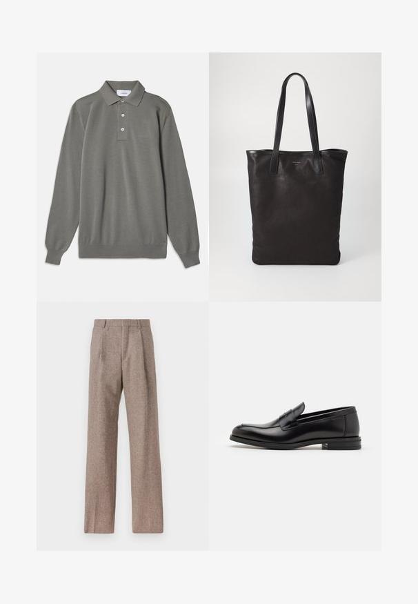 Szary polo z długim rękawem, wykonany z teksturowanej tkaniny, z klasycznym kołnierzykiem, zapięciem na trzy guziki oraz ribbowanymi mankietami.; Brązowe, wysokiej talii spodnie wykonane z teksturowanej tkaniny. Posiadają szerokie nogawki i dwa przednie zakładki dla lepszej struktury. Starannie wykończone, bez widocznych elementów metalowych.; Czarne skórzane mokasyny o gładkiej fakturze, zaokrąglonym nosku i dekoracyjnym pasku na przodzie. Niski, warstwowy obcas, minimalistyczny design.; Czarna torba na ramię z czarnymi skórzanymi uchwytami. Prosty design, pojemne wnętrze i gładka faktura. Bez widocznych logo ani wzorów.