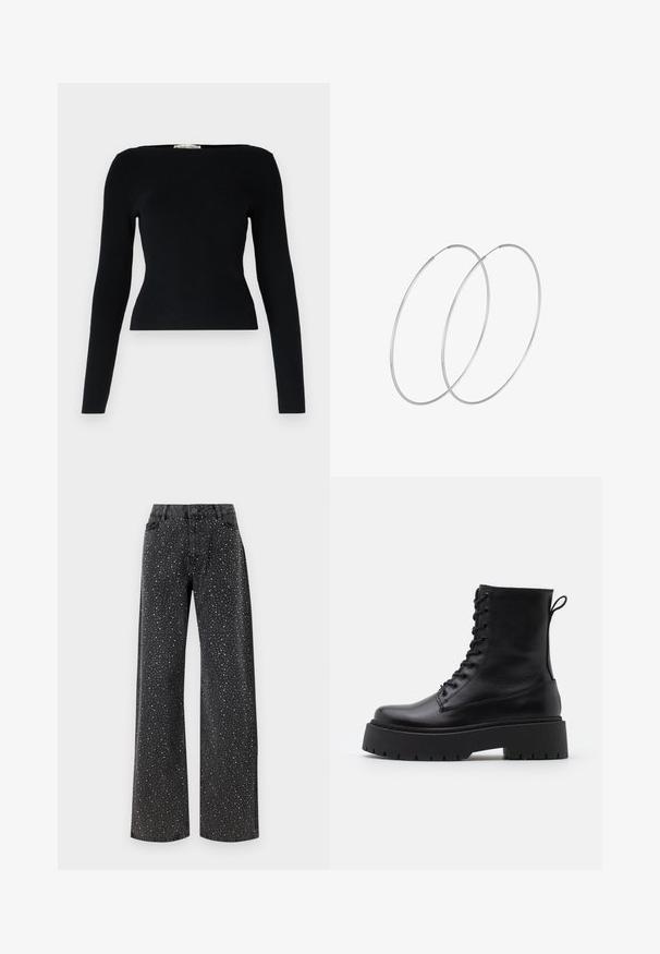 Must mustriga pikkade varrukatega pluus ruudukujulise kaelusega. Omab istuvat siluetti ja tekstuurset kangast. Lihtne disain ilma mustriteta.; Noisy May NMJANNEL LOOSE - Avar lõikega teksad - black denim; Mustad mustad nahast pahkluu saapad ümarate varvastega, nööridega esiosas ja paksu kummist talla ning tekstuuritud mustriga. Tagumine tõmbeaas.; Hõbedased rõngastikkaehingad minimalistlikus disainis. Ümar kuju, sile tekstuur ja õhuke profiil. Kerged ning poleeritud viimistlusega.