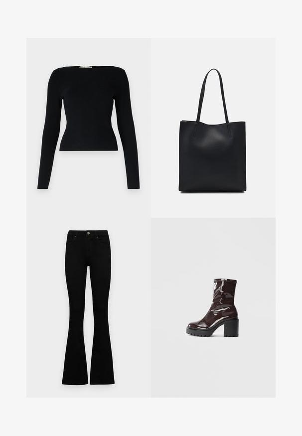 Juodas raukšlėtas ilgomis rankovėmis viršus su kvadratiniu iškirpimu. Sukurtas prigludusio silueto ir tekstūruoto audinio. Paprastas dizainas be raštų.; Juodos aukšto liemens džinsai su mygtuku ir užtrauktuku, priekinėmis kišenėmis ir platėjančiomis kojomis, išdėstyti ant baltos fono.; Blizgus burgundių spalvos kulknapis su tankiu juodu kulnu, pasižymintis lygiu paviršiumi ir paprastu dizainu. Nėra matomų užsegimų ar raštų.; Juodas odinis tote krepšys su lygia tekstūra, stačiakampio formos ir dviem ilgais rankenomis. Matomų metalinių detalių ar puošybos nėra.