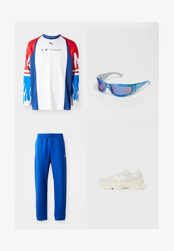 Chemise à manches longues avec un corps blanc, des manches rouges et bleues présentant des motifs de flammes. Affiche les logos BMW et Puma de manière proéminente.; Pantalon de sport bleu en tissu doux, doté d'une taille élastique avec cordon de serrage, de jambes fuselées et d'un petit logo sur le côté.; Sneaker léger avec une tige en maille et en daim dans des teintes crèmes douces, doté d'une semelle épaisse et d'accents tridimensionnels.; Lunettes de soleil bleues avec une monture translucide, verres miroités affichant une teinte dégradée, et un design sportif pour un maintien sécurisé pendant les activités.