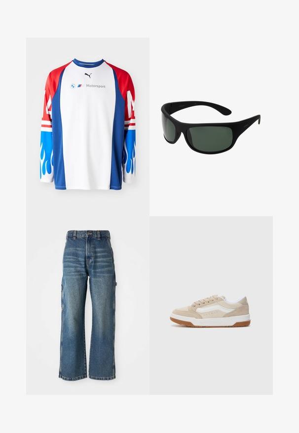 Camicia a maniche lunghe con corpo bianco, maniche rosse e blu con motivi di fiamme. Mostra in risalto i loghi di BMW e Puma.; Jeans larghi in denim di colore azzurro chiaro con una finitura sbiadita, caratterizzati da una vita alta, passanti per la cintura e tasche laterali. Dettagli di cucitura visibili.; Sneaker in suede beige con accenti bianchi, punta rotonda, suola in gomma testurizzata e design low-top. Dettagli di cucitura lungo i lati e i lacci.; Occhiali da sole neri avvolgenti con lenti verde scuro. Finitura opaca, design curvo, con aste dritte e un branding sottile sul lato.