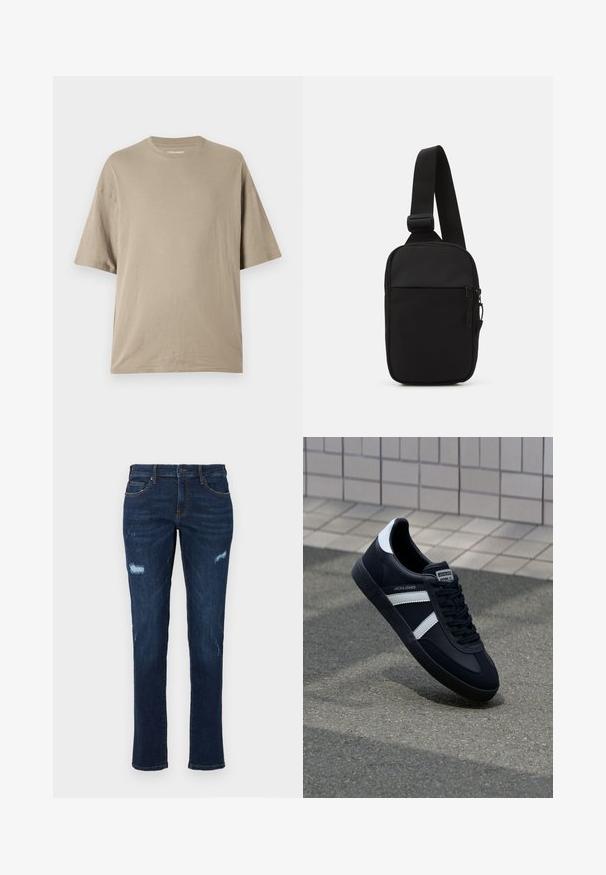 Bež majica kratkih rukava napravljena od mekog pamuka, s dizajnom okruglog izreza i opuštenim krojem, s glatkom teksturom i minimalnim detaljima.; Tamno plavi traperice ravnog kroja s iznošenim rupama na koljenima, tradicionalnim džepovima i vidljivim kontrastnim šavovima.; Crne kožne tenisice s bijelim prugama, strukturirana gumena potplate i vezanjem sprijeda. Ima oznaku brenda na jeziku.; Crna torba preko tijela napravljena od izdržljive tkanine, s jednim podesivim remenom, glavnim odjeljkom na patentni zatvarač i prednjim džepom.