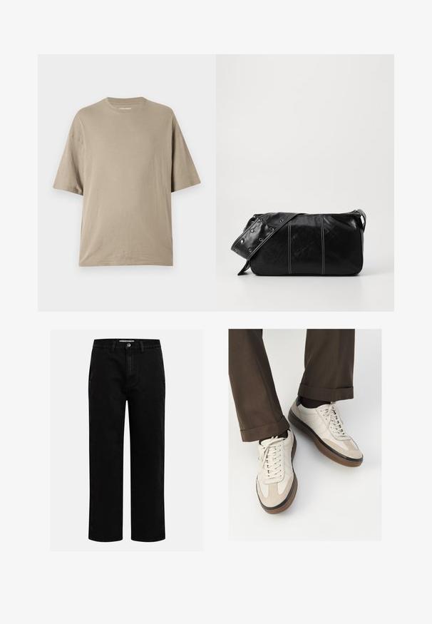 Šviesiai ruda trumpomis rankovėmis marškinėliai, pagaminti iš minkštos medvilnės, su apvalia iškirpte ir laisvu siluetu, švelnios tekstūros ir minimaliais akcentais.; Juodi džinsai su tiesiu kirpimu, klasikinio penkių kišenių dizainu ir mygtuko užsegimu juosmens zonoje. Lygus tekstūras ir patvari medžiaga.; Bežiniai sportbačiai su tekstūruotu zomšinės priekine dalimi, lygiomis odinėmis šoninėmis dalimis ir ruda guminėmis padais. Į komplektą įeina juostelės ir šviesūs siuvimo detalės.; Juodas odinis pečių krepšys su užtrauktuku, turintis tekstūruotą paviršių, baltą siuvinėjimą ir dirželį su sidabinėmis metalinėmis detalėmis.