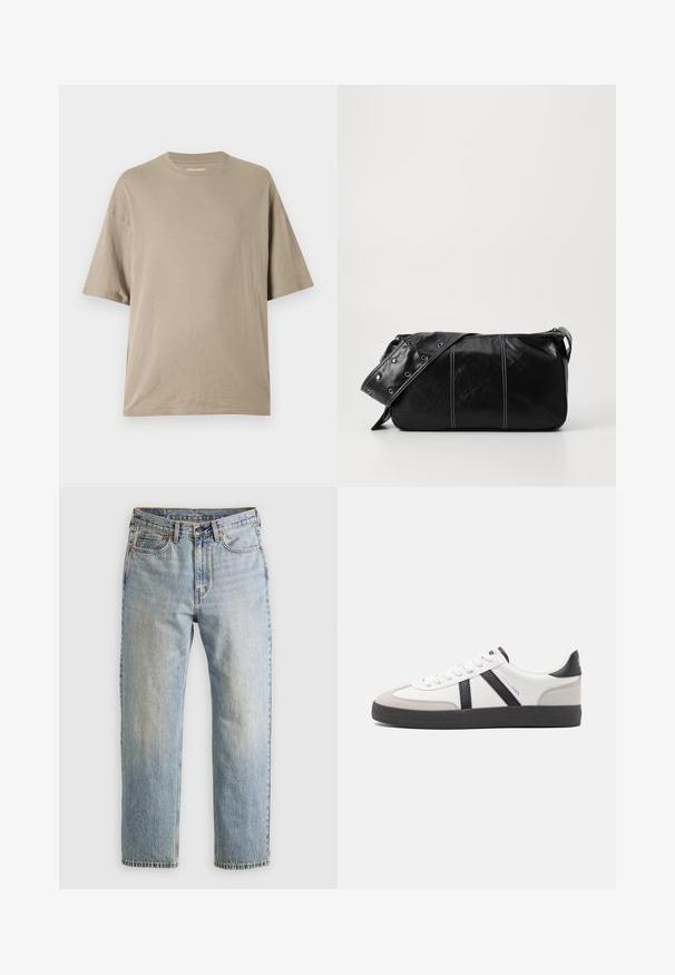 Bež majica kratkih rukava napravljena od mekog pamuka, s dizajnom okruglog izreza i opuštenim krojem, s glatkom teksturom i minimalnim detaljima.; Svijetloplave traperice visoki struk, prednji gumb, zatvarač i dizajn s pet džepova, položene ravno na neutralnoj pozadini.; Bijele tenisice s crnim i sivim detaljima, s teksturiranim sivim zaštitnikom prstiju, crnim gumene potplate i ravnim bijelim vezicama. Čist dizajn, minimalistički stil.; Crna kožna torba preko ramena s zatvaranjem na patentni zatvarač, s teksturiranim tijelom, bijelim šavovima i remenom sa srebrnim okovima.