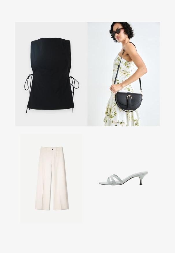 Top senza maniche nero realizzato in tessuto morbido. Presenta coulisse laterali per la regolazione, una vestibilità rilassata e una texture liscia.; Pantaloni larghi color crema con design sartoriale, dotati di due tasche frontali e una chiusura con bottone anteriore, realizzati in tessuto liscio.; Sandali con tacco di colore grigio chiaro, dotati di tre cinturini incrociati, una silhouette sottile e un tacco affusolato. Texture liscia con una finitura leggermente lucida.; Borsa a tracolla nera in pelle con una forma curva, manico rimovibile e accessori dorati. La borsa presenta una patta con un dettaglio a fibbia.