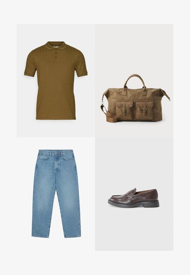 Hedvábný, polo triko s krátkým rukávem v olivově zelené barvě s klasickým límcem a zapínáním na tři knoflíky. Měkká textura a přiléhavý střih.; Světle modré džíny s širokými nohavicemi a vysokým pasem, které mají pět kapes, poutka na opasek a měkkou, mírně vybledlou strukturu.; Hnědé kožené mokasíny s hladkým povrchem, kulatou špičkou, minimálním prošíváním a silnou černou gumovou podrážkou. Žádná viditelná kovová součást nebo akcenty.; Hnědá kožená cestovní taška s dvěma předními kapsami, nastavitelným ramenním popruhem, zlatými kovovými prvky a pevnými horními uchy. Hladký povrch.