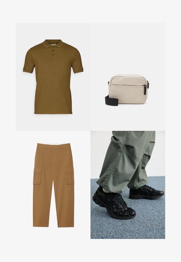 Polo a maniche corte a coste di colore verde oliva, con colletto classico e patta con tre bottoni. Texture morbida e silhouette aderente.; Pantaloni cargo marroni con due tasche laterali, fronte piatto e taglio dritto. Realizzati in un tessuto durevole con una texture liscia.; Sneaker atletici neri con texture lucida e in rete, dotati di una suola spessa e lacci, abbinati a pantaloni cargo larghi verde oliva.; Borsa a tracolla in corduroy color crema con cerniera nera, tracolla rimovibile e motivo testurizzato. Presenta un compartimento principale e una tasca anteriore.