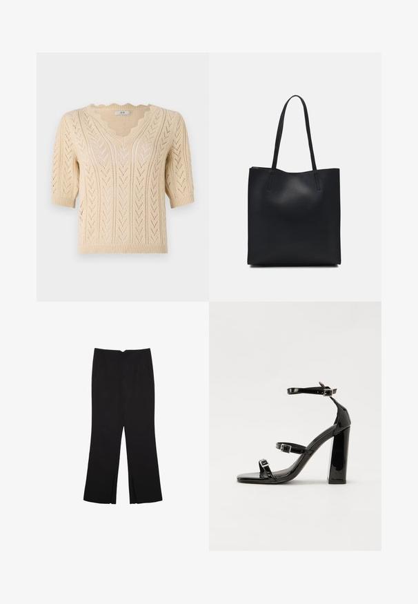Maglione beige lavorato a maglia con scollo a V, maniche corte e bordi scallop. Presenta un motivo a zigzag e un design a maglia aperta per una maggiore traspirabilità.; Pantaloni neri a gamba dritta, con tasche frontali e spacchi laterali all'orlo. Realizzati in tessuto morbido e liscio. Adatti a diverse occasioni.; Sandali con tacco in vernice nera, con punta squadrata, cinturini alla caviglia e fibbie in argento. Presentano un tacco a blocco spesso per maggiore stabilità.; Borsa tote in pelle nera con texture liscia, forma rettangolare e due manici lunghi. Nessun hardware o decorazione visibile.