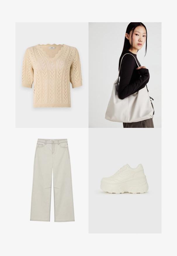 Beige pletený svetr s výstřihem do V, krátkými rukávy a vroubkovanými okraji. Obsahuje vzor chevron a otevřenou strukturu pro prodyšnost.; Světle šedé kalhoty s širokými nohavicemi, pěti kapsami, předním zapínáním na knoflík a kontrastním stehem podél švů. Materiál vypadá jemně a odolně.; Bílé platformové tenisky s hladkým svrškem podobným kůži, zaobleným tvarem, polstrovaným límcem a texturovanou gumovou podrážkou s vyznačenými vzory.; Beige kabelka vyrobená z měkkého materiálu, s volným designem, prošívanými detaily a dvěma ramenními popruhy. Vhodná pro každodenní použití.