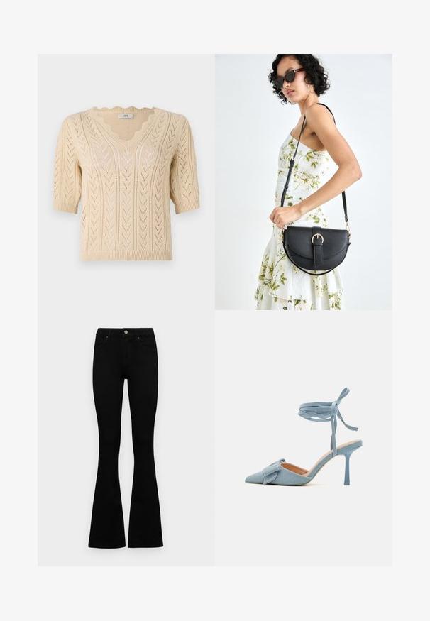 Pull en tricot beige avec un col en V, des manches courtes et des bords festonnés. Présente un motif en zigzag et un design en tricot ouvert pour une meilleure respirabilité.; Jean noir taille haute avec fermeture à bouton et à zip, poches avant et jambes évasées, posés à plat sur un fond blanc.; Escarpin à bout pointu en tissu bleu clair avec une finition texturée, muni d'un accent en nœud et d'une bride à la cheville pour un maintien sécurisé.; Sac à main en cuir noir avec une forme courbée, bandoulière amovible et des accessoires en or. Le sac est doté d'un rabat avec un détail de boucle.