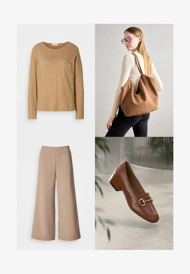Hosszú ujjú, világosbarna felső, puha, textúrált anyagból készült. Kör alakú kivágással és egyetlen mellzsebbel rendelkezik. Hétköznapi szabású.; Széles szárú nadrág világos bézs színű anyagból. Két elülső zsebbel, sík derékkal és sima textúrával rendelkezik, ami elegáns megjelenést kölcsönöz.; Barna lakkbőr loaferek négyzet alakú orral, fém lánc díszítéssel és alacsony blokk sarkú kialakítással; sima textúra, minimalista design.; Barna velúr vászontáska puha textúrával, nagy nyílással és hosszú pántokkal. Egyszerű dizájnnal rendelkezik, látható varrással és nincs rajta fém alkatrész.