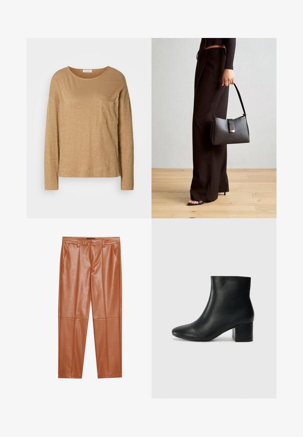 Hosszú ujjú, világosbarna felső, puha, textúrált anyagból készült. Kör alakú kivágással és egyetlen mellzsebbel rendelkezik. Hétköznapi szabású.; Barna műbőr nadrág, testhez simuló fazonnal, elöl pliszírozott részletekkel és egyenes szárakkal. Sima textúra, látható fém részletek vagy díszítések nélkül.; Fekete bőr bokacsizma hegyes orral és vastag sarokkal. Sima felület minimális díszítéssel és karcsú, passzos kialakítással.; Fekete kézi táska strukturált formával, sima textúrával és fémből készült záródással. Széles fekete nadrággal és nyitott orrú szandállal párosítva, fából készült padlón.