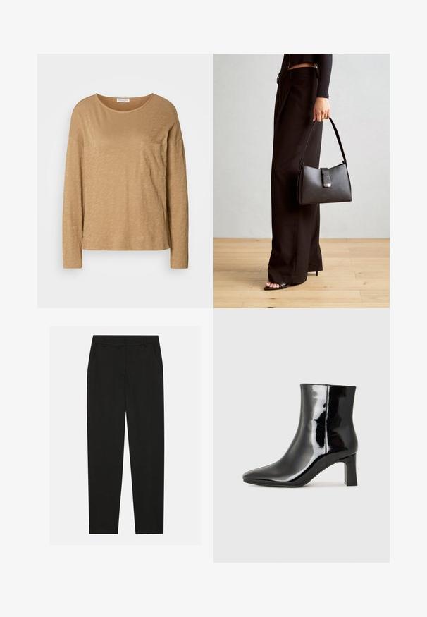 Ilga rankovė, šviesiai ruda palaidinė, pagaminta iš minkšto, tekstūruoto audinio. Turi apvalų iškirpimą ir vieną krūtinės kišenę. Pravažiuojantis kirpimas.; Juodos kelnes su pritaikytu dizainu, turinčios šonines kišenes ir tiesią koją. Pagamintos iš lygaus, lengvo audinio su blizgiu paviršiumi.; Juodos lakuotos odinės aulinukės su smailiu pirštu ir vidutinio aukščio blokuotu kulnu. Lygus paviršius ir minimalistinis dizainas.; Juodas rankinė struktūrizuota forma, lygi tekstūra ir metalinis užsegimas. Suporuota su plačiomis juodomis kelnėmis ir atvirais bateliais ant medinių grindų.